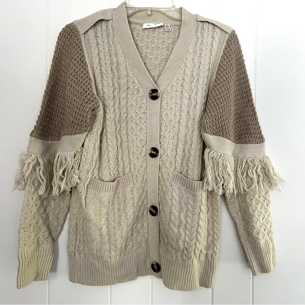 Cozy Cable Knit Fringe Cardigan - Neutral Gray Brown